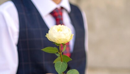 A single, delicate cream-colored rose is held by a person wearing a navy blue and white checkered waistcoat and a white collared shirt,  with a red and navy patterned tie, creating a warm and...