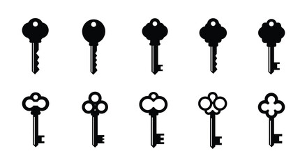Collection of various old and new skeleton keys on white background
