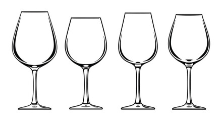 Four empty wine glasses with stems on a white background