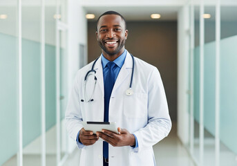 Smiling african american doctor using tablet in hospital corridor, showcasing modern medicine and technology in healthcare