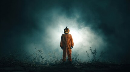 Obraz premium Halloween Specter Amidst the Eerie Mist: In a haunting nightscape, a figure shrouded in a carved pumpkin head and orange suit stands defiant against an ominous fog.
