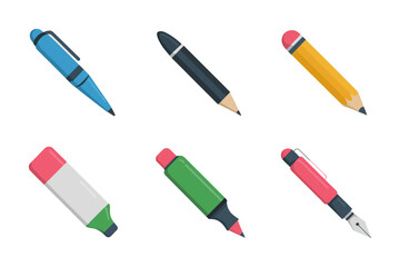 Creative writing tools bundle, pencils pens markers highlighters, eraser and correction pen, stationery set, flat vector icons, isolated white background, office supplies clipart, printable assets