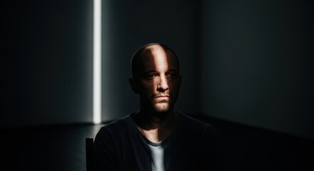 Introspective Portrait of a Man in Shadows, Studio Setting, Photography, Minimalist Environment, Close-Up Perspective, Emotional Depth