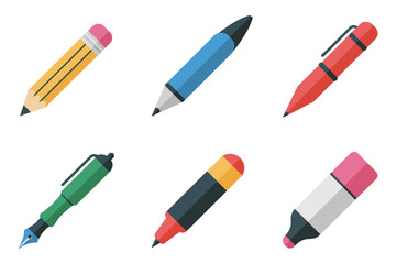 Pencil and pen set, colored wooden pencils mechanical pencils gel pens, drawing and note taking tools, flat vector clipart, isolated white background, stationery icons, assets