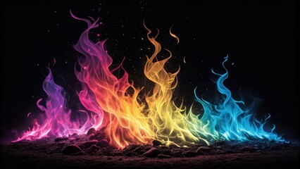 A vibrant rainbow fire with colorful flames dancing against a dark background