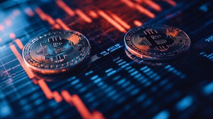 Two cryptocurrency coins against a backdrop of graphs and digital data, ideal for publications on finance, investment, and digital technology.