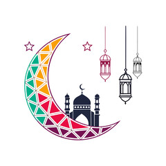 Fototapeta premium Abstract logo design for Eid al-Adha, featuring stylized crescent moon, star, and figures.