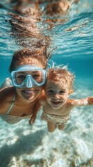 Naklejka premium A cheerful woman with a child in a swimming pool underwater wearing a diving mask, smiling and happy · ideal for advertising family vacations, children's camps, and water parks.