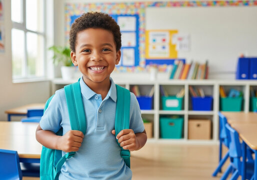 Happy african american schoolboy with backpack in elementary school classroom ready for learning and education with a big smile - Powered by Adobe