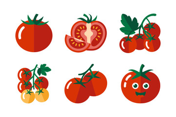 Tomato assortment, whole fruit slices, on vine clusters, fresh produce icons, kitchen vector illustration