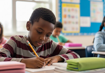 Focused african american student writing in a notebook in a classroom, concentrating on his work with a pencil and surrounded by classmates