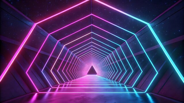 Infinite Neon Hexagonal Tunnel with Glowing Geometric Shapes and a Distant Triangle Light