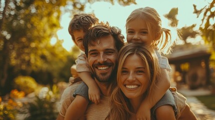 A happy family with children enjoying the outdoors on a sunny day is suitable for advertising family vacations, children's products, and travel services.
