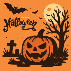 Flat style of Halloween greeting card illustration featuring a spooky carved pumpkin with an evil smile,a bare tree,and bats.Minimalist orange and black design perfect for Halloween invitations..