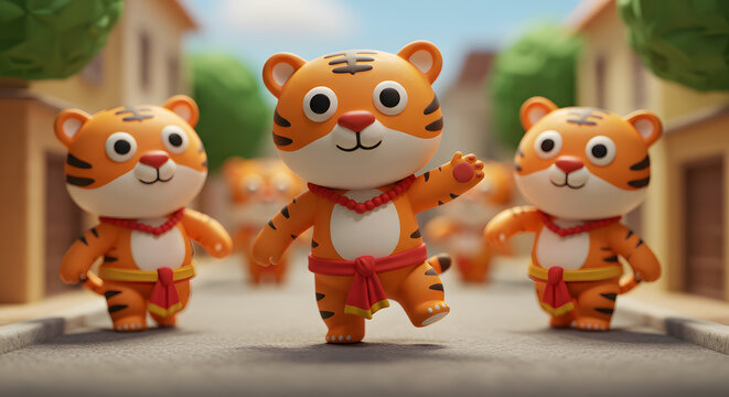 Puli kali tiger dance onam festival 3d character cute cartoon parade illustration Kerala culture tradition animal art fun