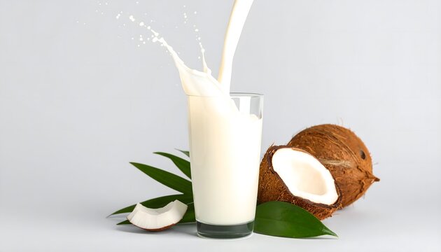 Refreshing coconut milk pouring into glass with fresh coconut fruit