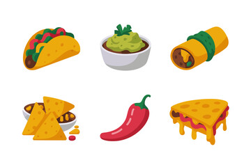 Nachos and snacks, chili pepper cheese wedge, tacos slice, mexican food icons, tasty vector collection