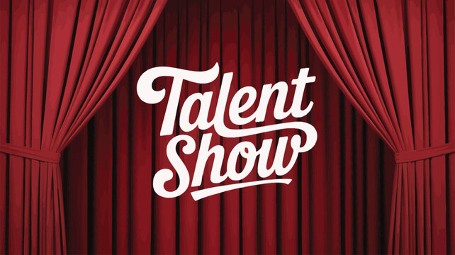 Stage with red curtains and bold “Talent Show” script in spotlight, ideal for school events, entertainment promos, or performance themes