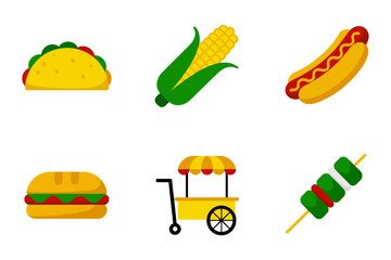 Street food icons, taco hot dog burger corn on cob skewer, food cart, fast food clipart, colorful vector set, isolated elements, snack collection