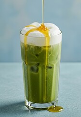 Iced Matcha Drink with Honey and Cream Foam