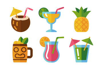 Tiki bar cocktail set, coconut drink pineapple juice, exotic mugs, umbrella garnish, summer beach vibes, party clipart, colorful vector icons, isolated beverage collection