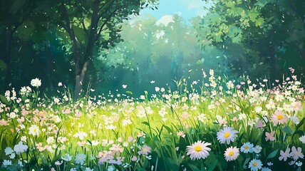 Fototapeta premium A vibrant illustration of a sunlit meadow filled with wildflowers and a lush canopy of trees
