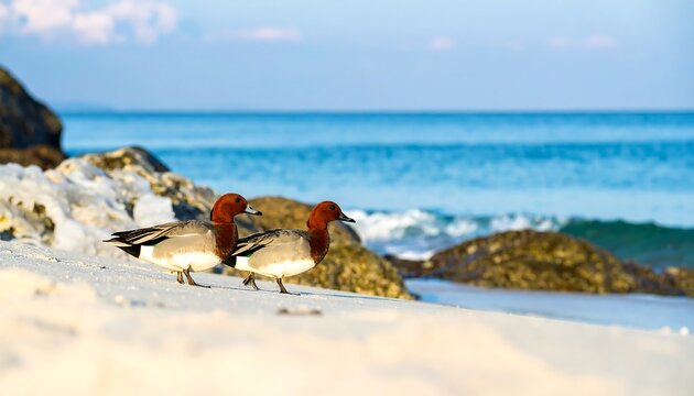 Two ruddy shelducks stroll along a pristine beach, against a backdrop of a tranquil ocean.