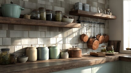 Sunlit rustic kitchen counter with ceramic jars hanging copper pots and wooden shelves