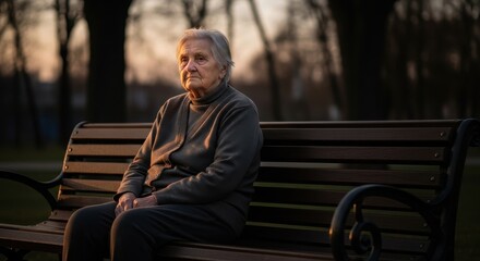 Fototapeta premium Reflective Moment, Elderly Woman, Park Bench, Photograph, Golden Hour, Side View, Solitude and Contemplation