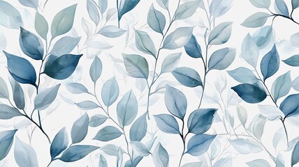 Watercolor leaves background in shades of blue. The elegant leaves creates a calming atmosphere