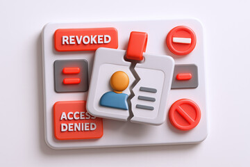 3D illustration of a revoked ID card symbolizing denied access, featuring vibrant colors and clear messaging.