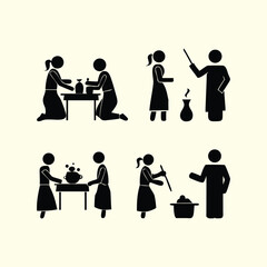 Four scenes of people working together silhouette isolated on white background