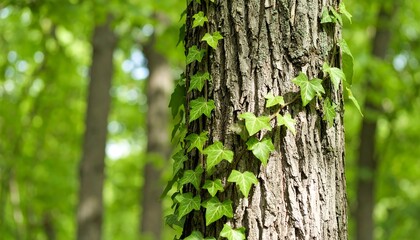 Fototapeta premium Close-up view of a tree trunk with vibrant green ivy climbing, bathed in natural sunlight, showcasing the textured bark and lush foliage of a forest scene.