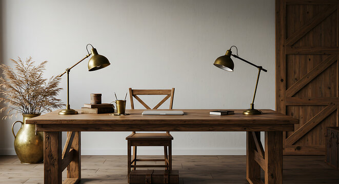 Rustic wooden desk with lamps, chair, and decor in a bright, minimalist room.