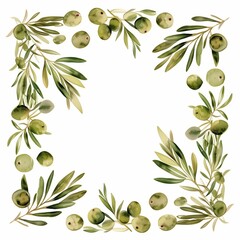 Watercolor illustration of green olives with olive branches displayed in a square frame on a clean white background for food and nature design.