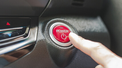 Car power button, keyless starter, finger-pressed start and stop auto switch of automobile for engine ignition in electric or hybrid vehicle driving system technology