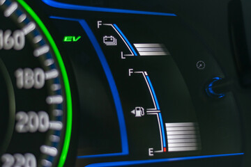 Hybrid car dashboard of dual power mode vehicle driving system, eco EV electrical charging battery and fuel engine of innovative automobile technology in transportation industry