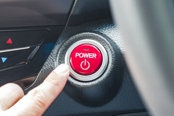 Car power button, keyless starter, finger-pressed start and stop auto switch of automobile for engine ignition in electric or hybrid vehicle driving system technology