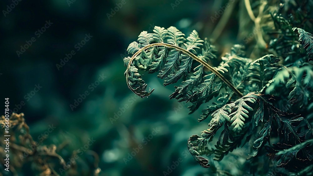 Poster close-up shot of a delicate fern with a focus on its intricate details and textures