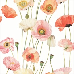 Fototapeta premium Seamless Pattern of Stylized Poppies in Varying Shades of Pink, Orange, and Cream on a Crisp White Background Perfect for Soft Decor and Textiles