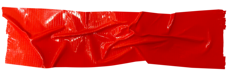 Crumpled torn pieces of red packing tape, adhesive sealing tape, sticky torn plastic on transparent background