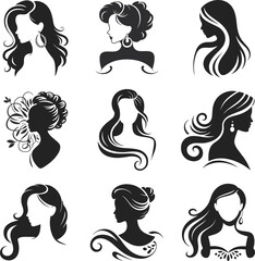 Elegant women hairstyle silhouettes collection featuring diverse hair designs, fashion beauty profiles, stylish accessories, earrings, floral decorations, vector illustration art