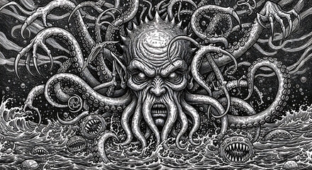 Intricate black and white engraving of a terrifying kraken with tentacles and a grotesque face 
