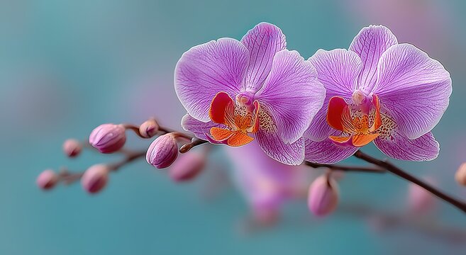 Two Purple Phalaenopsis Orchids in Bloom with Soft Blurred Blue Background, Floral Photography