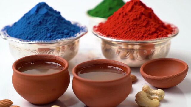 Colorful Holi festival powders in silver bowls with a traditional drink in terracotta kulhads.