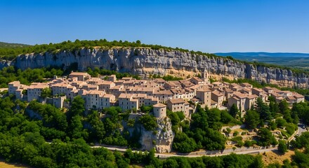 Panoramic view of medieval village perched on a cliffside in Provence France