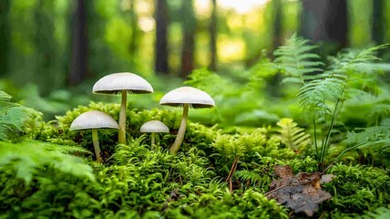 Fototapeta premium A serene view of mushrooms thriving in a vibrant forest, amidst lush greenery and moss
