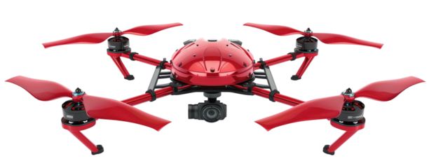 Big red drone isolated on white background PNG transparent clipart.