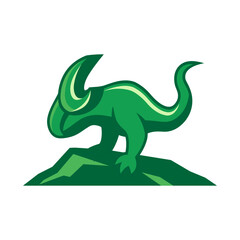 Modern Flat Green T-Rex Dinosaur Logo with Wrench-Shaped Head Standing on Rocky Hill Vector Illustration