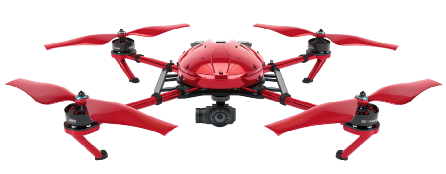 Big red drone isolated on white background PNG transparent clipart. - Powered by Adobe